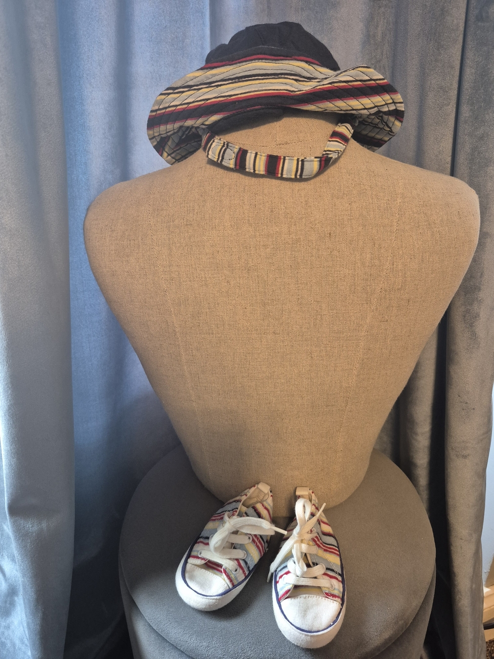Old Navy Navy, Light Blue, Red and Cream Striped Baby Hat And Shoes